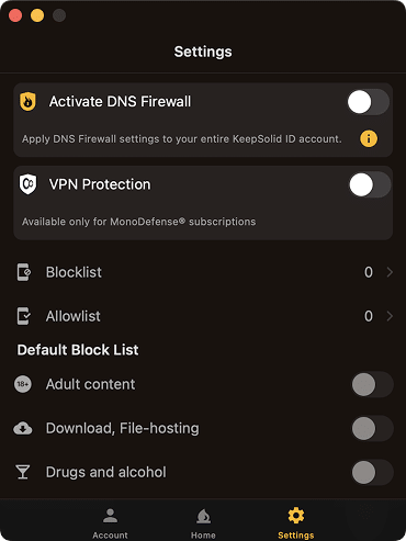 KeepSolid settings window
