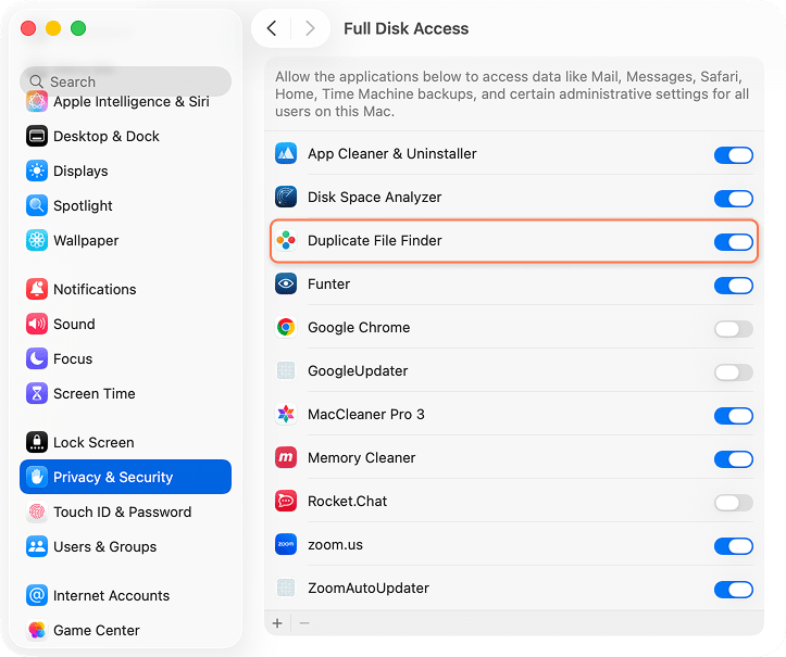 Full disk Access for Duplicate File Finder