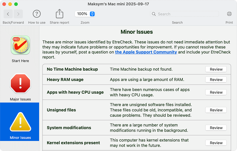 EtreCheck reporting minor issues