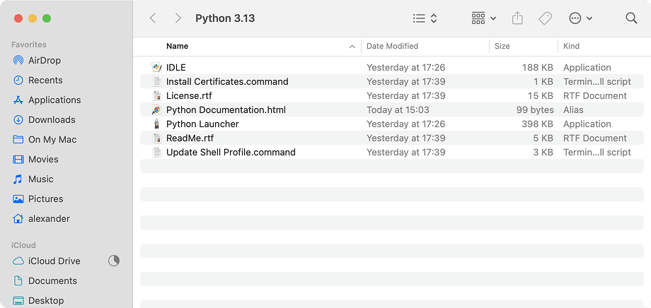 The Terminal window showing the existing Python version