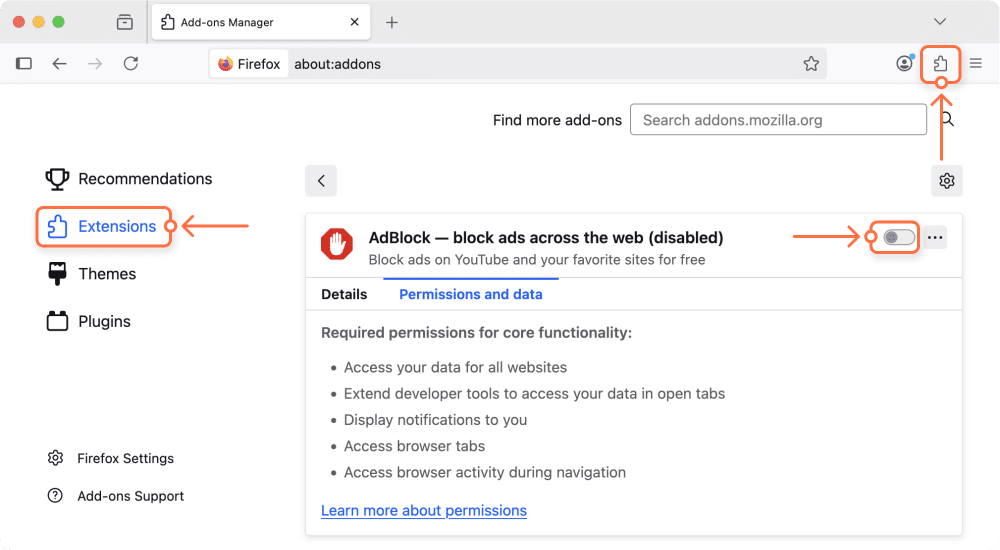 Firefox extensions list window