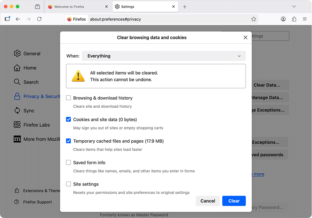 browsing data clearing UI in Firefox