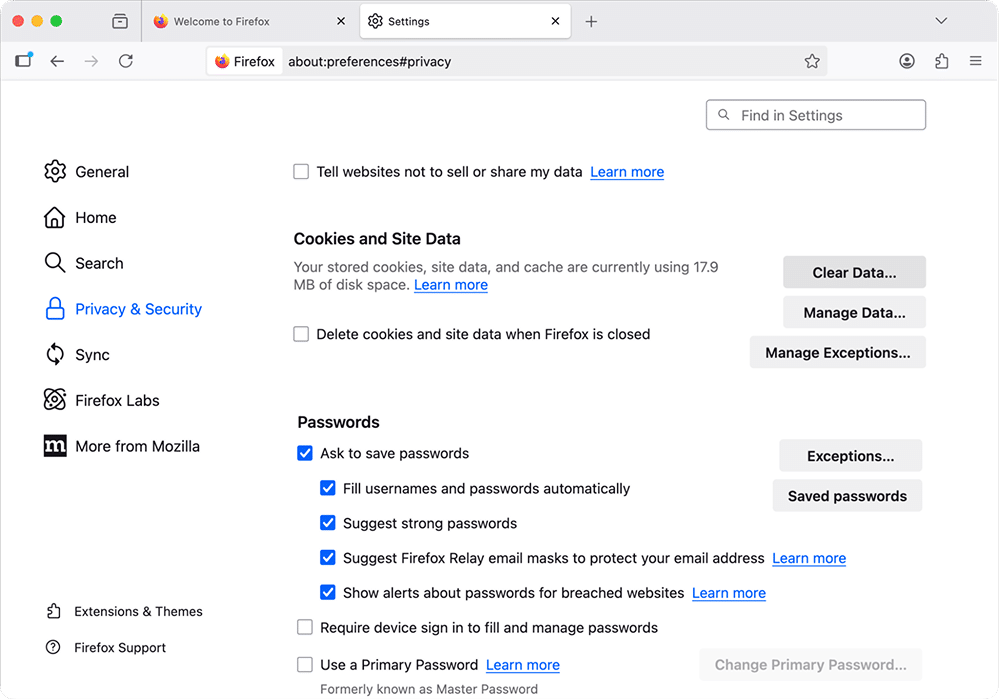 Privacy and security settings in Firefox