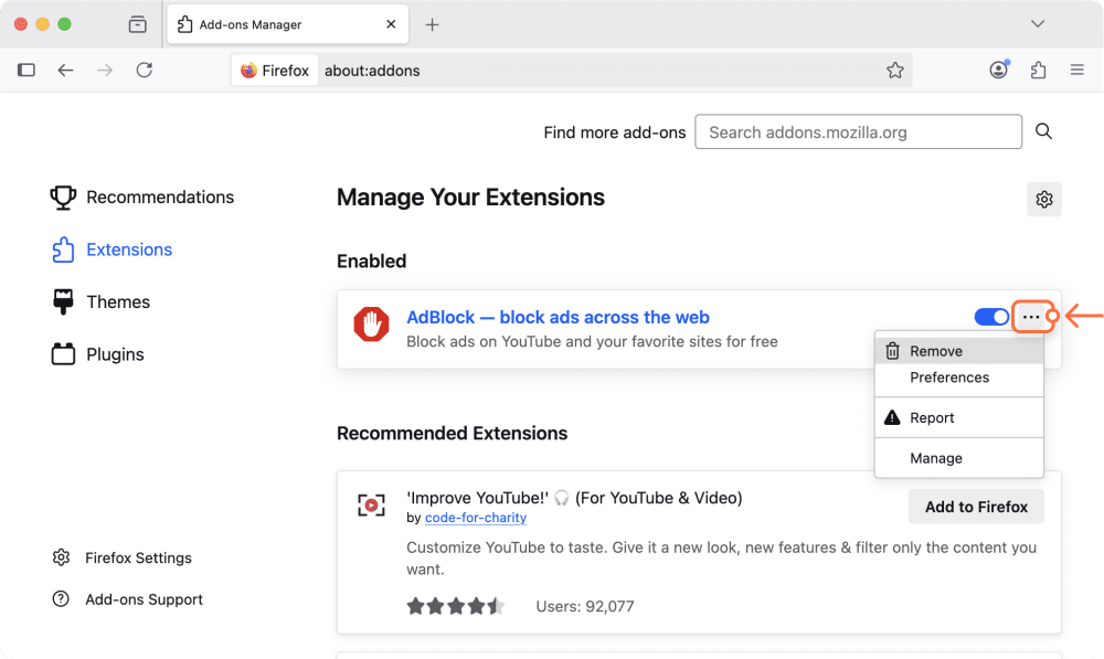 Managing extensions in Firefox