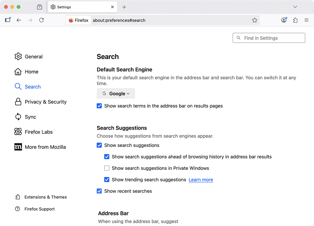 the Search section of Firefox settings