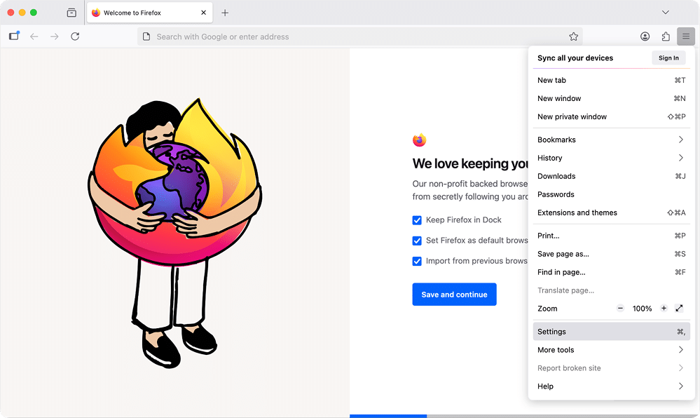 the application menu in Firefox