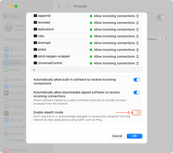 Bottom of Firewall Options tab in System Settings