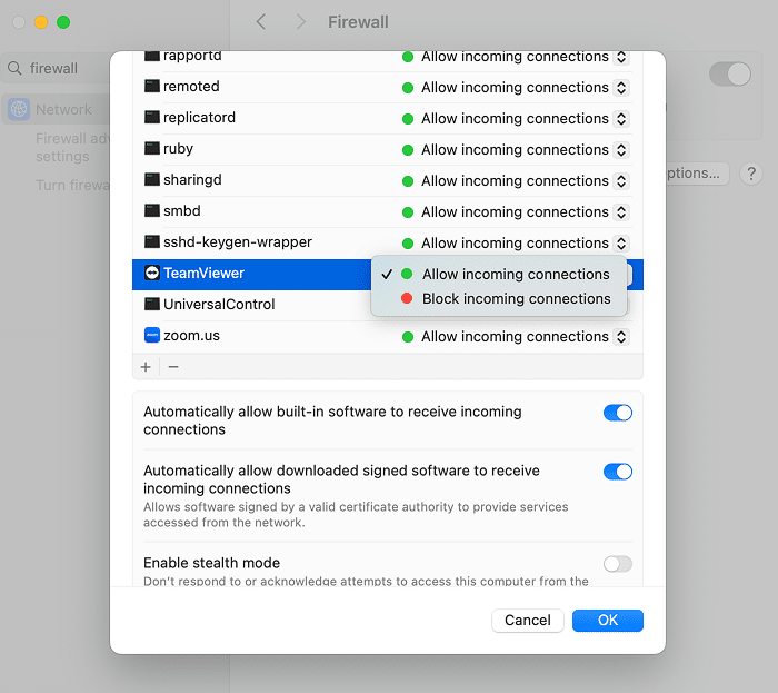 app list in Firewall Options tab