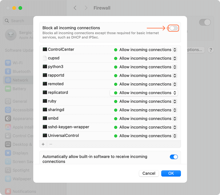 Top of the Firewall Options tab in System Settings