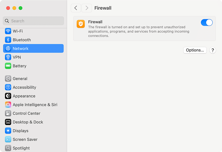 Firewall tab in System Settings