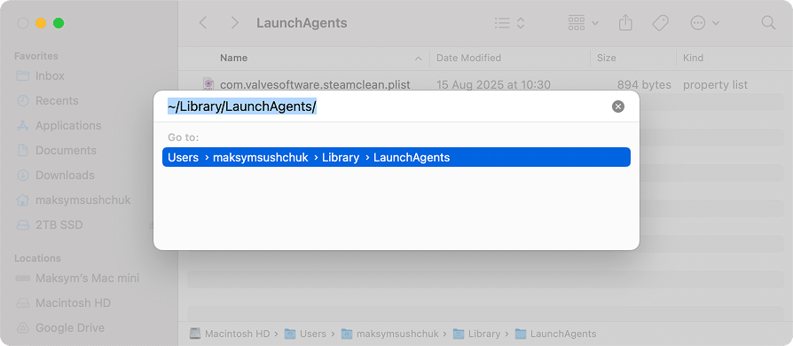 the Go to folder dialog in Finder with LaunchAgents folder location inserted