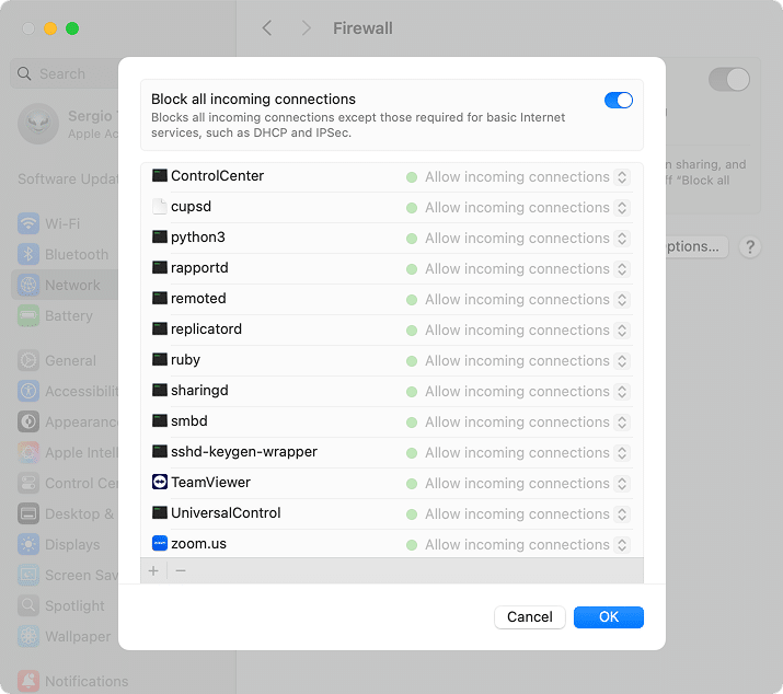 Firewall Options tab in System Settings