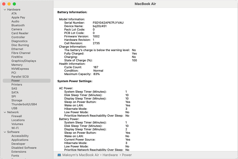 The Power tab of System Report in Mac