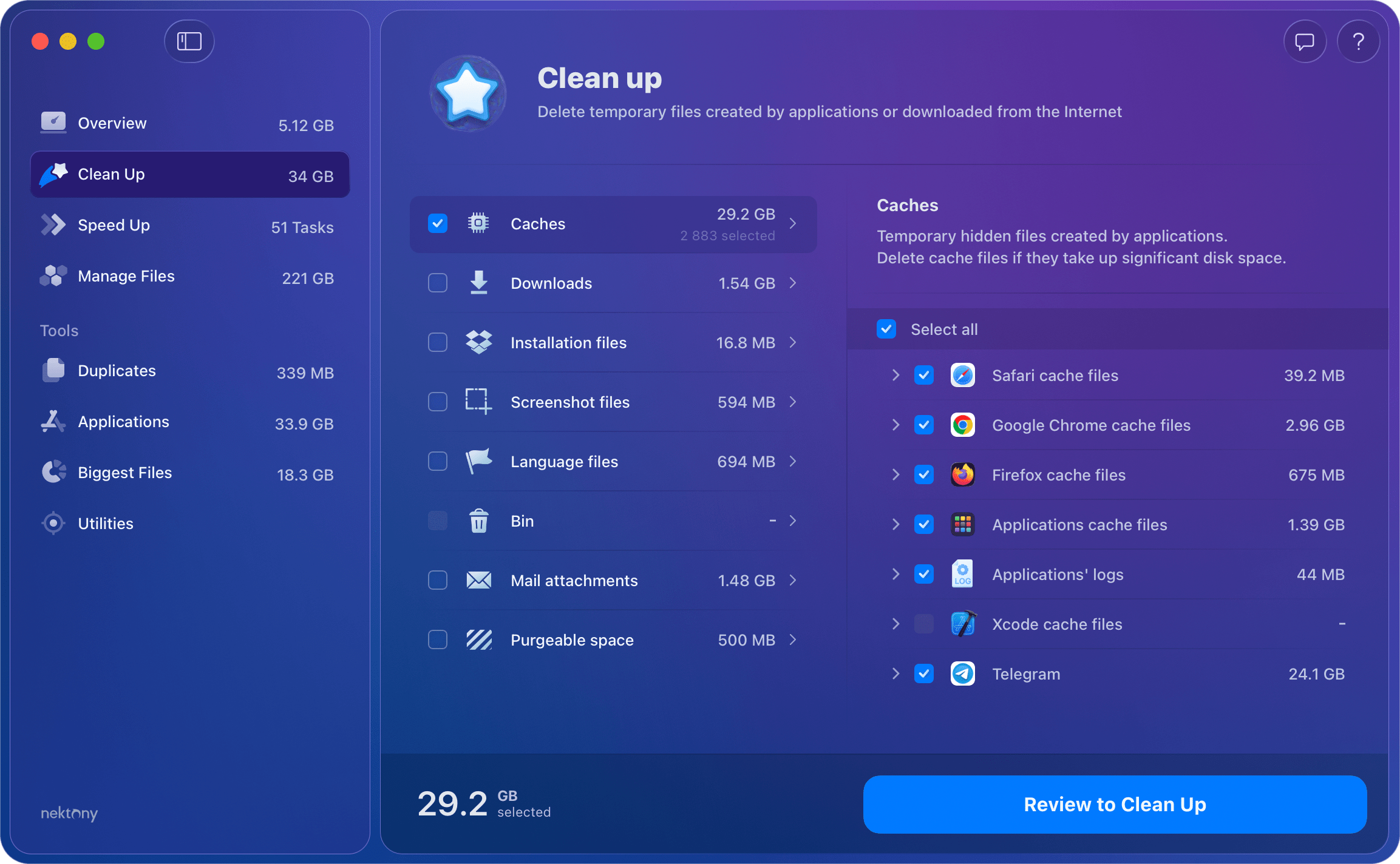 MacCleaner Pro window with Caches section highlighted