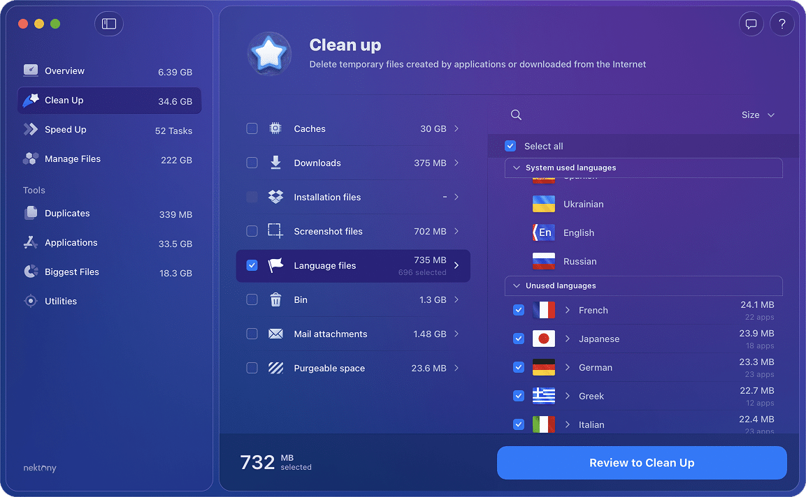 MacCleaner Pro window showing Language files