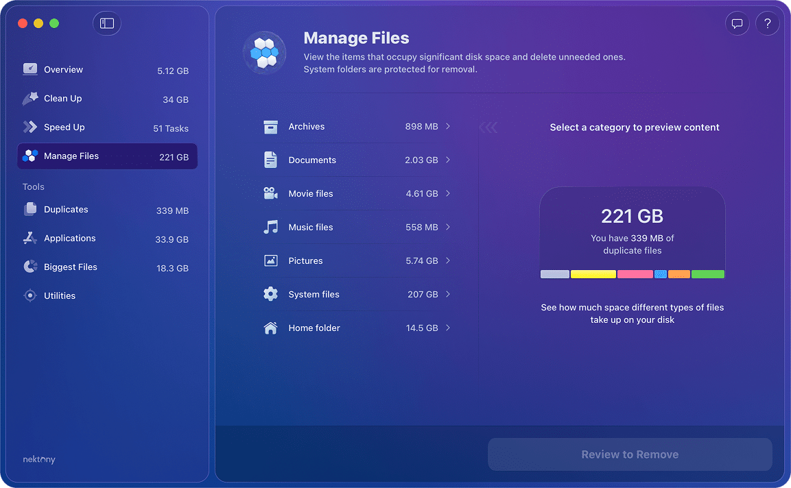 Manage files on Mac Manage disk space tab in MacCleaner Pro window