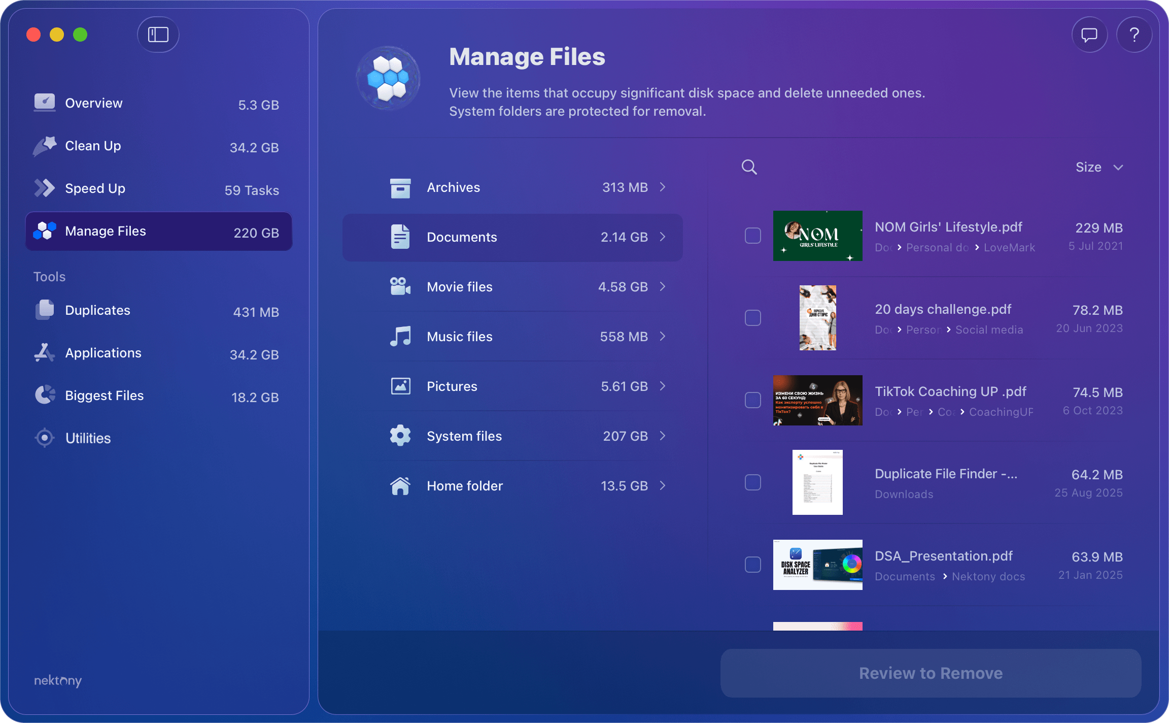 MacCleaner Pro showing documents