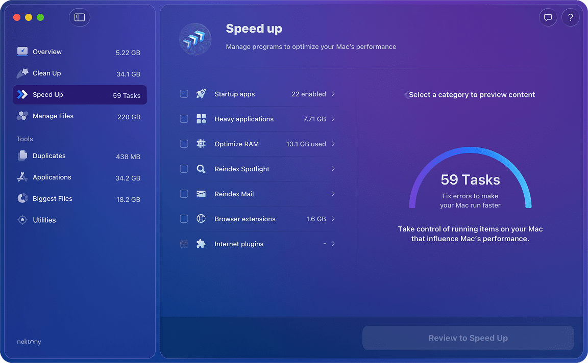 The Speed Up tab of MacCleaner Pro