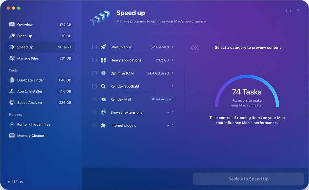 The Speed Up tab of MacCleaner Pro