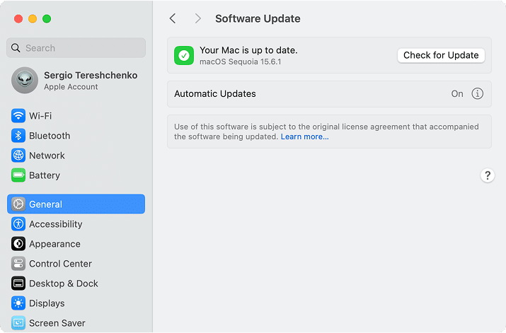 Software Update window in System Settings