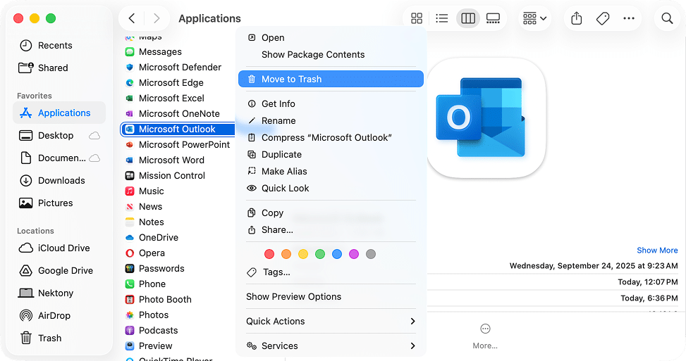 Moving MS Outlook to Treash using the context menu
