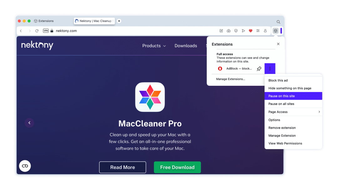 Pausing AdBlock in Opera