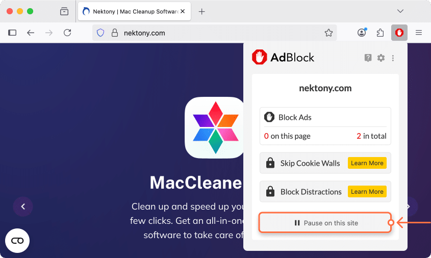 Pausing AdBlock in Firefox