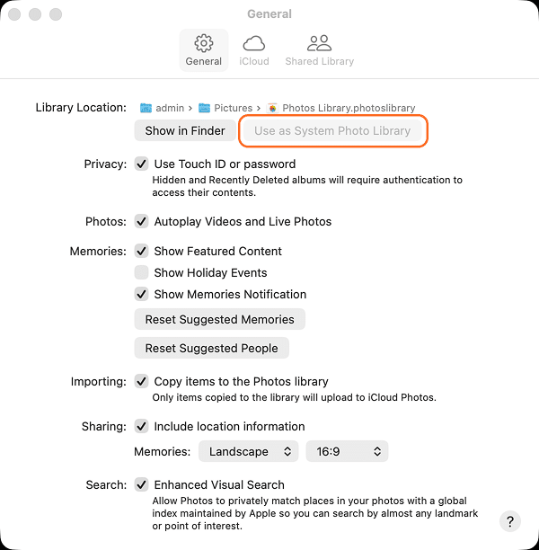 Settings window for system photos library