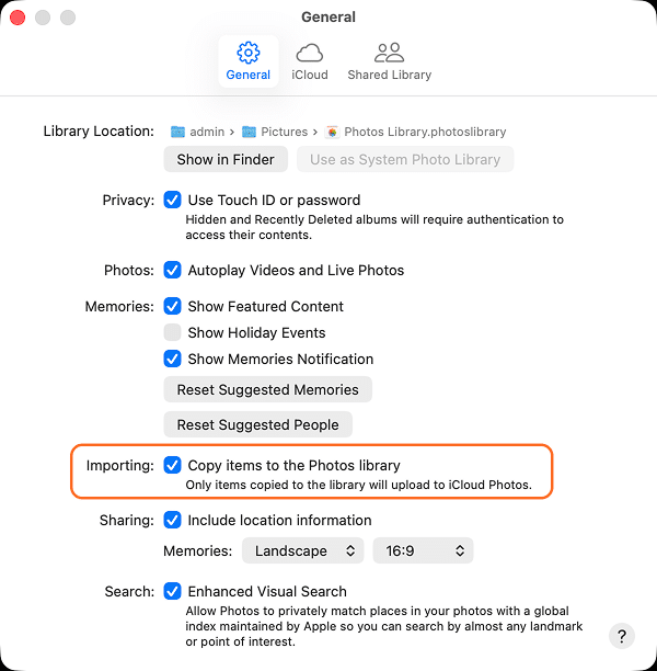 Settings window for Photos library - Importing option
