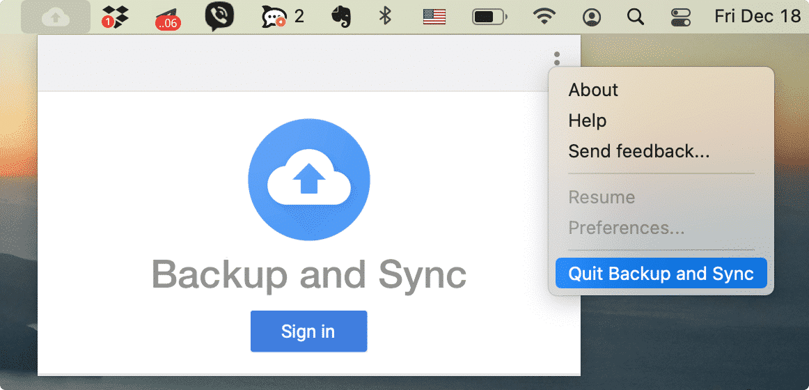 Backup and Sync menu bar dropdown