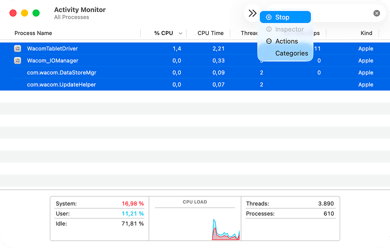 Wacom driver processes in Activity Monitor