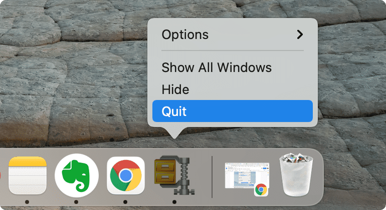 dock panel with winzip icon and option Quit