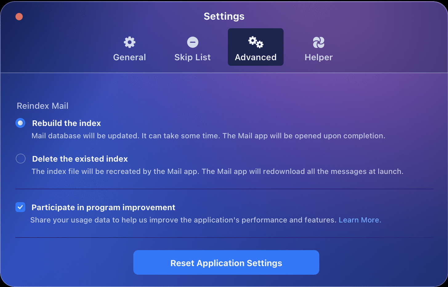 MacCleaner Pro settings window showing the Reindex Mail