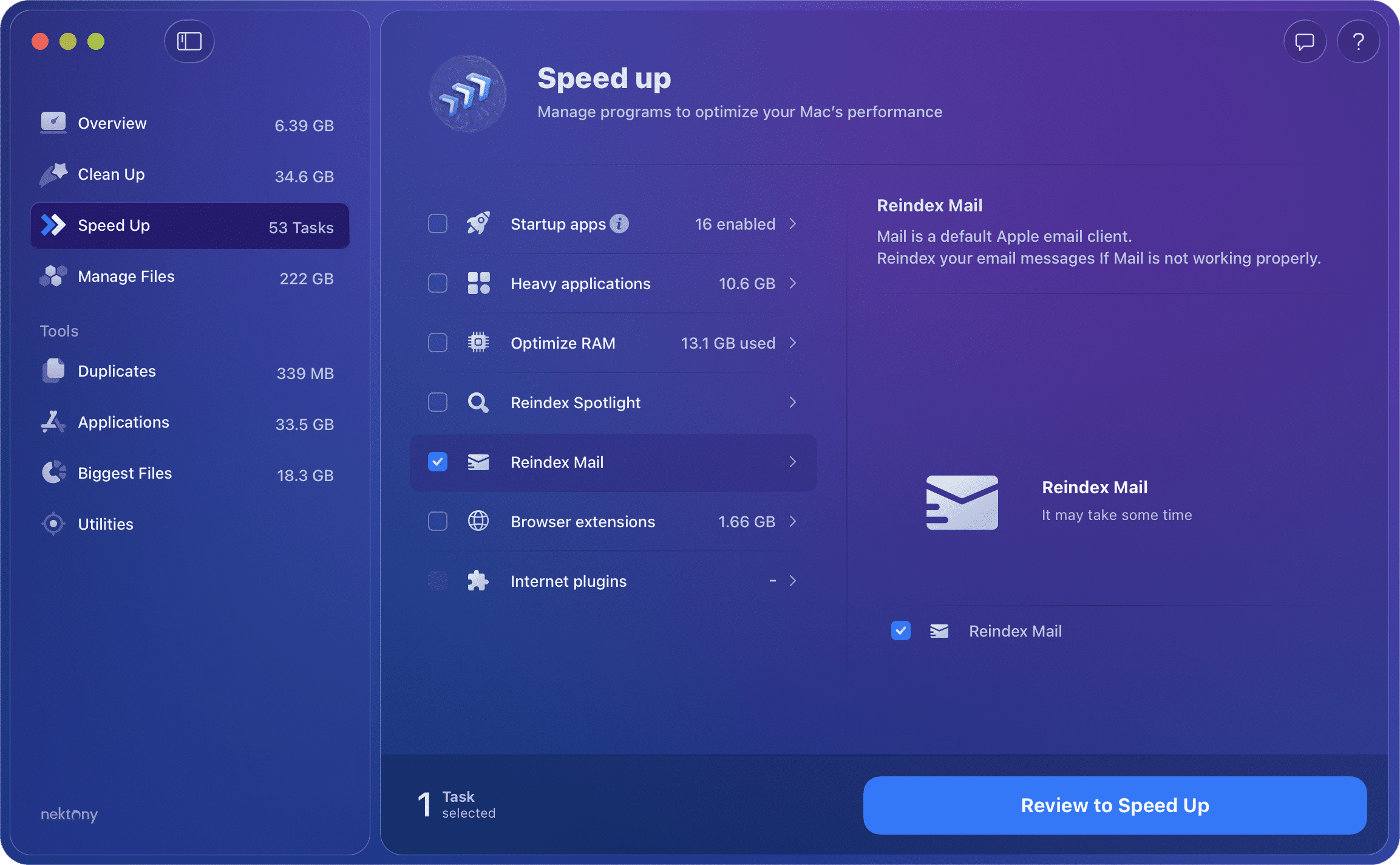 MacCleaner Pro showing the option to reindex Mail
