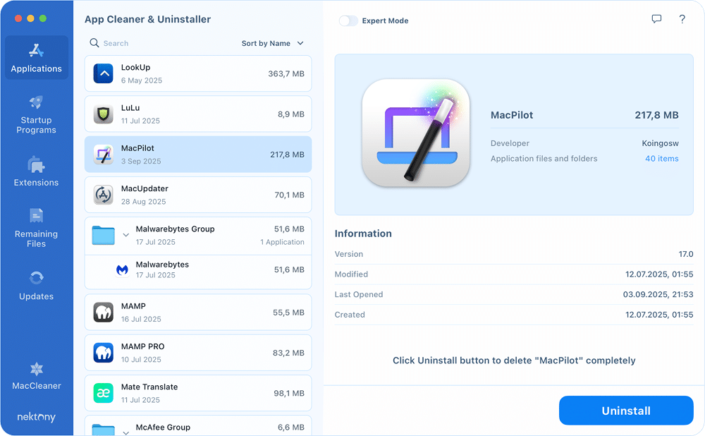 App Cleaner and Uninstaller's main window