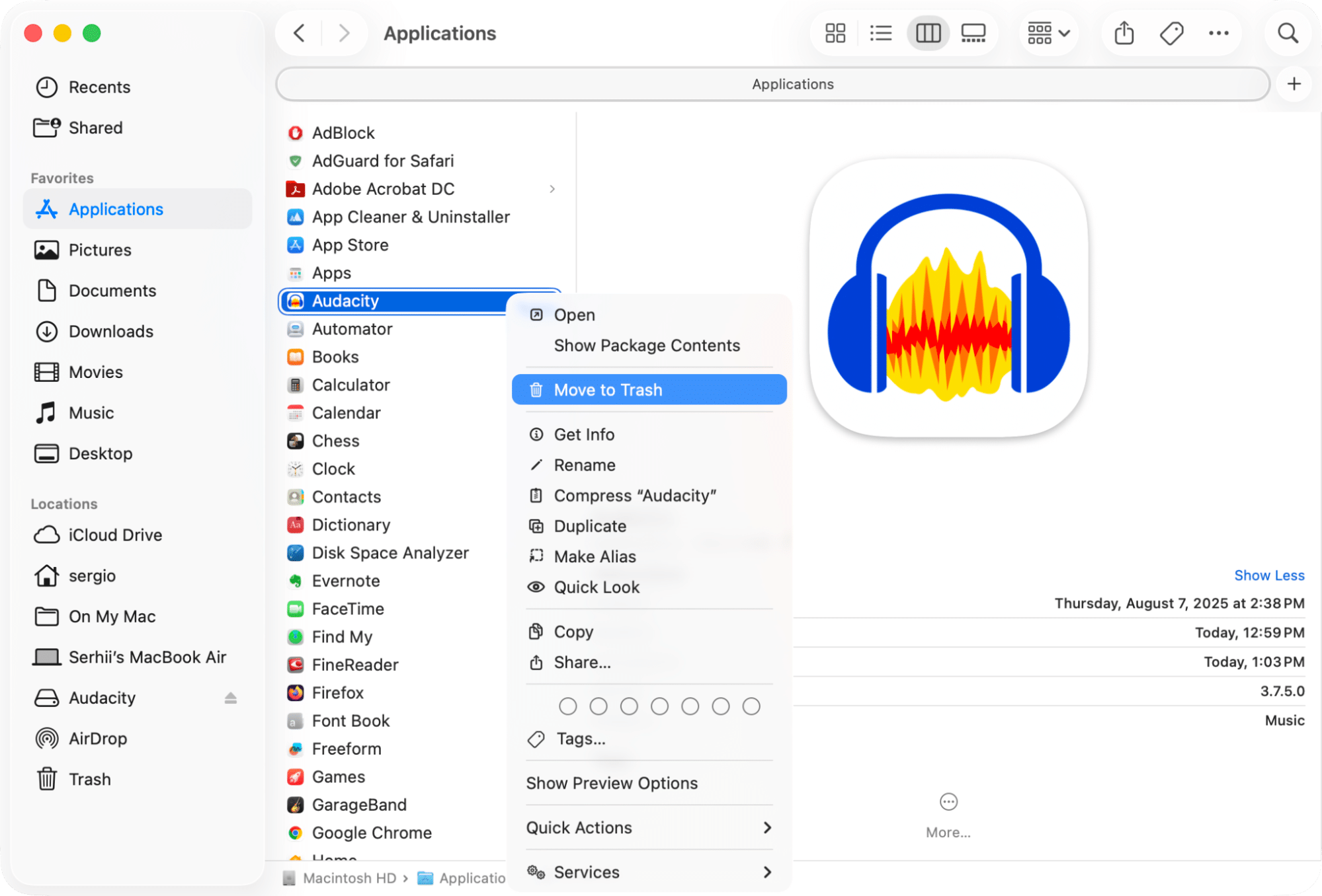 Audacity in the Applications folder