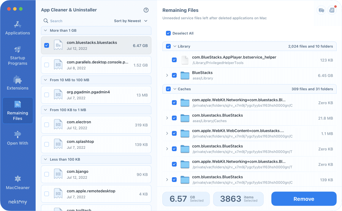 App Cleaner & Uninstaller showing BlueStacks remaining files