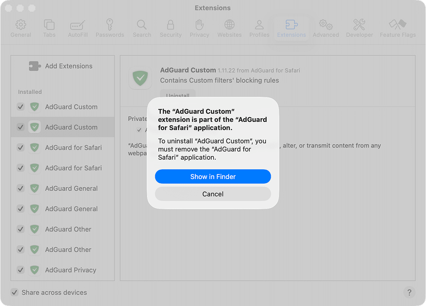 Safari alert saying the extension is part of another application