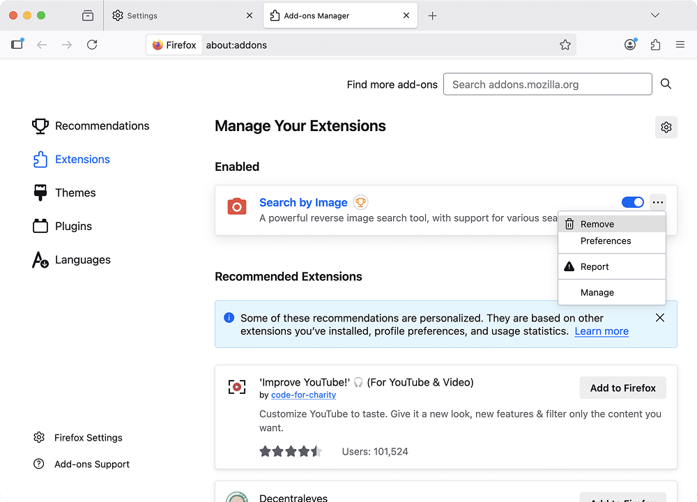 the Extensions tab in Firefox