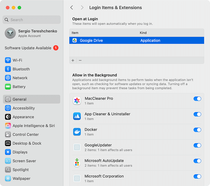 Login Items & Extensions tab in System Settings
