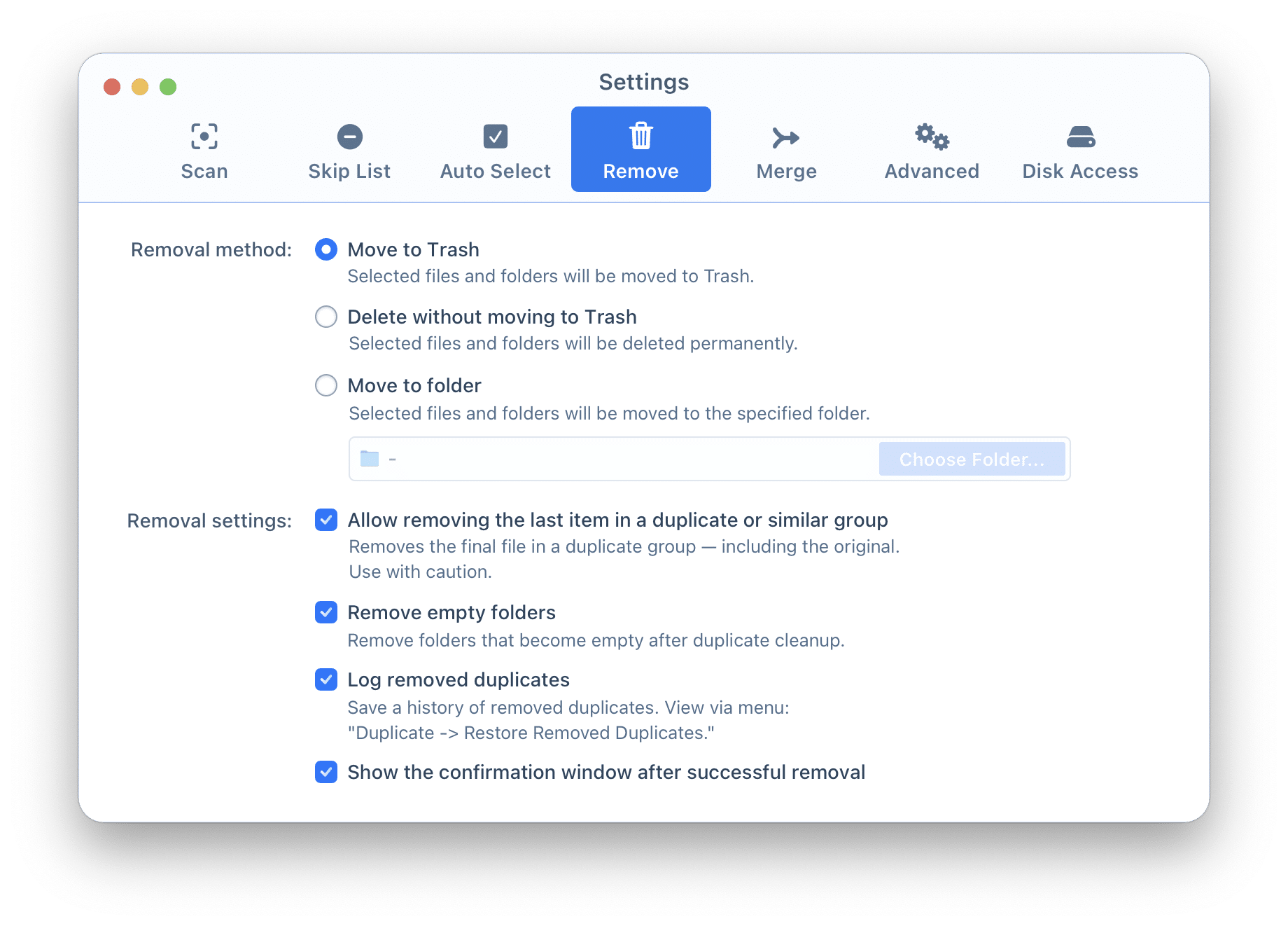 Remove settings