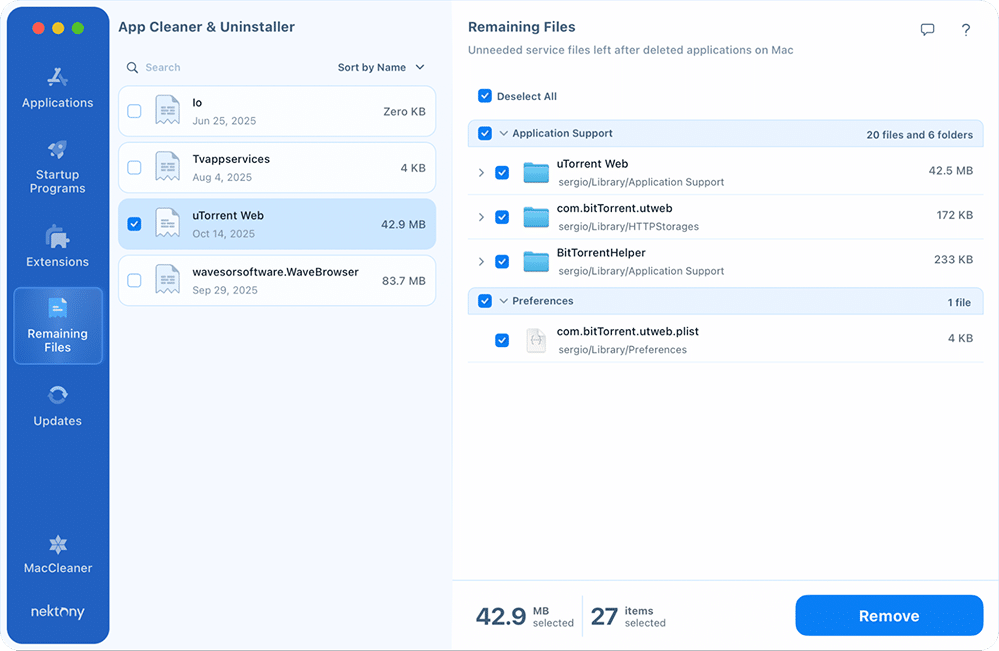 uTorrent remaining files in App Cleaner & Uninstaller