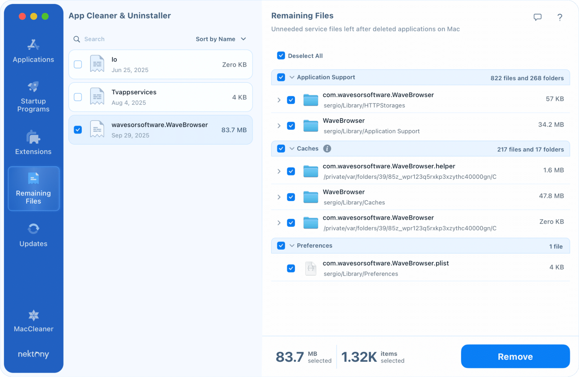 WaveBrowser leftovers in the Reamining Files in App Cleaner & Uninstaller