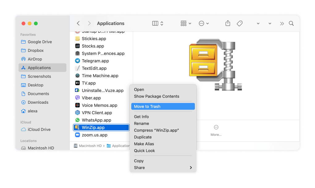Winzip in the Applications folder