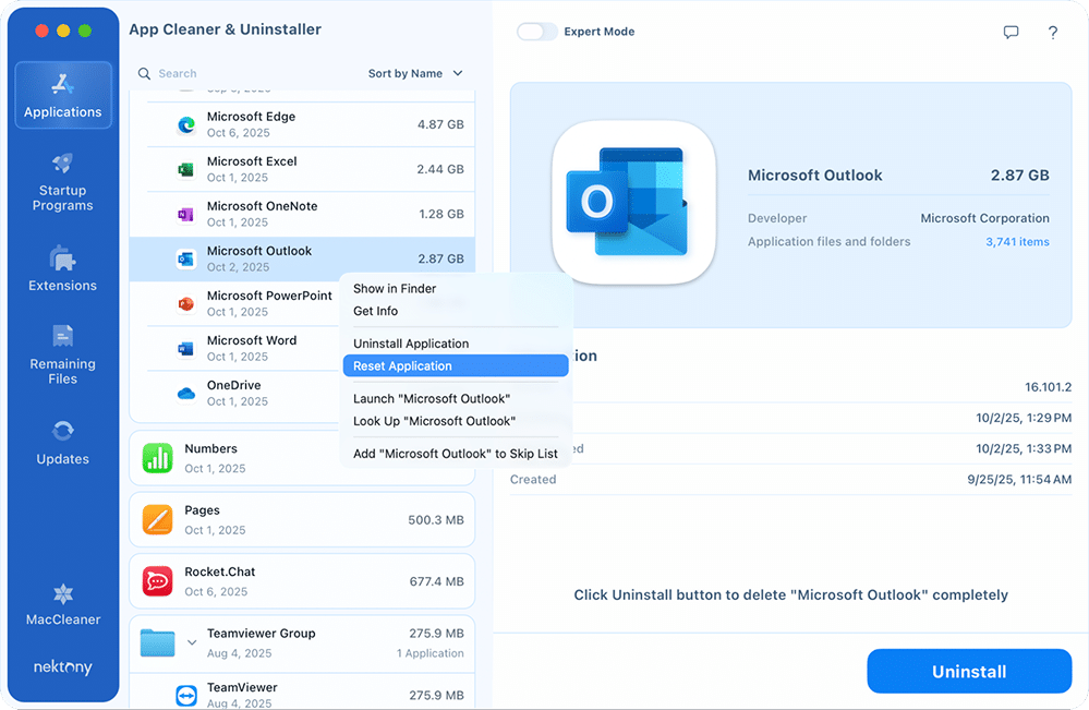 Microsoft Outlook in the Applications tab of AC