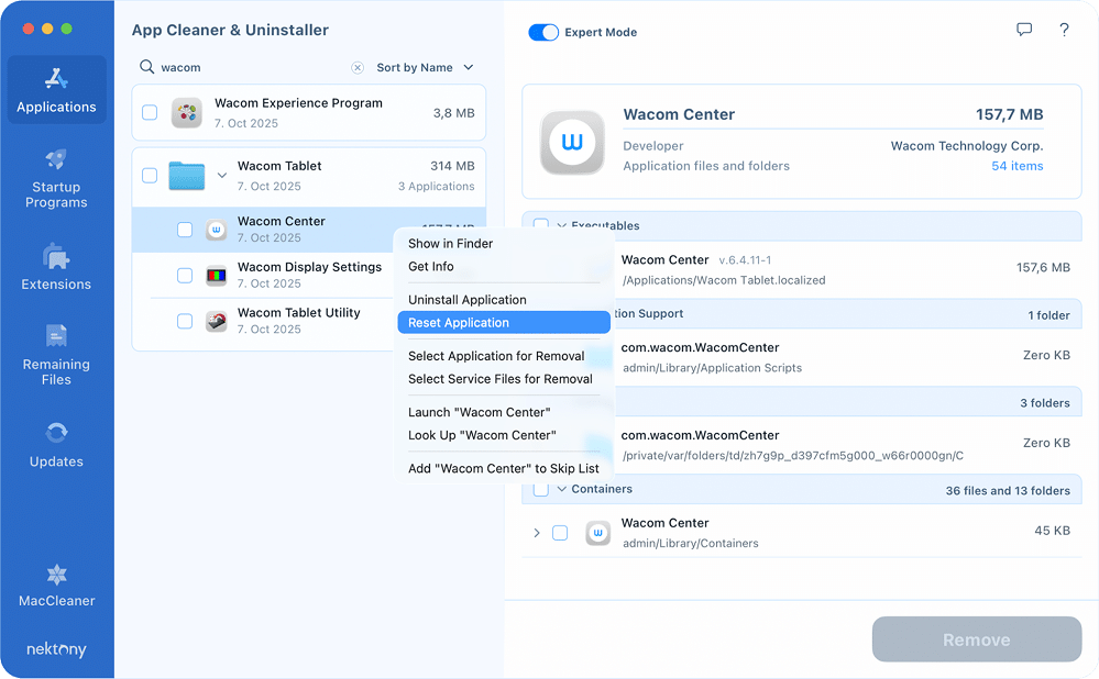 Resetting Wacom app in App Cleaner & Uninstaller