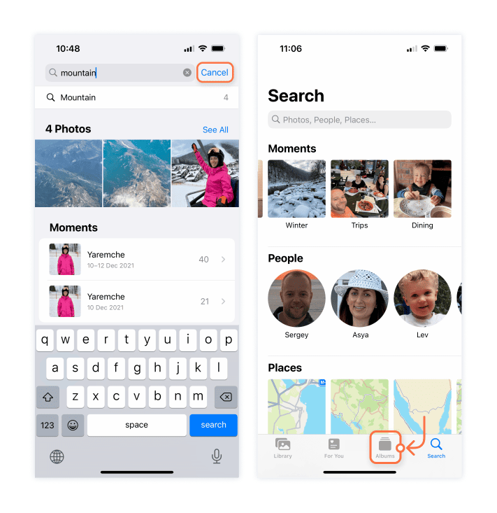 iPhone screens showing how to cancel photo search