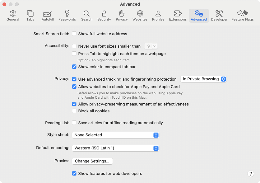 Advanced options in Safari's settings