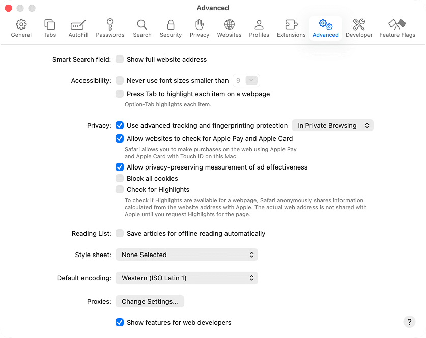 Advanced tab in Safari Settings