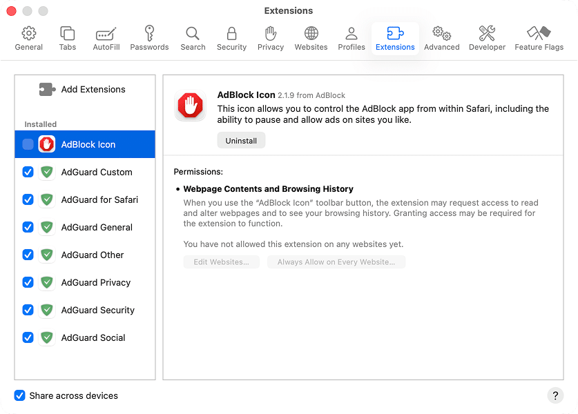Extensions tab in Safari settings